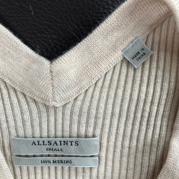 AllSaints Keld V-Neck Merino Wool Ribbed Sweater Color Almond  Marl Sz S - Picture 11 of 12